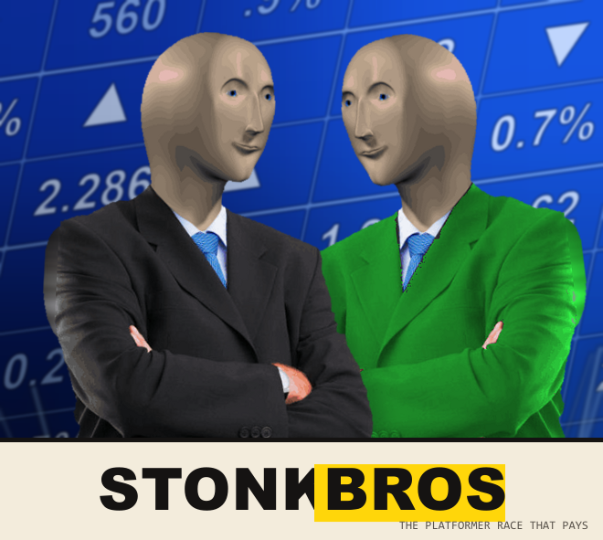 Stonk Bros: two Stonks guys in black and green suits, arms crossed, in front of a ticker board